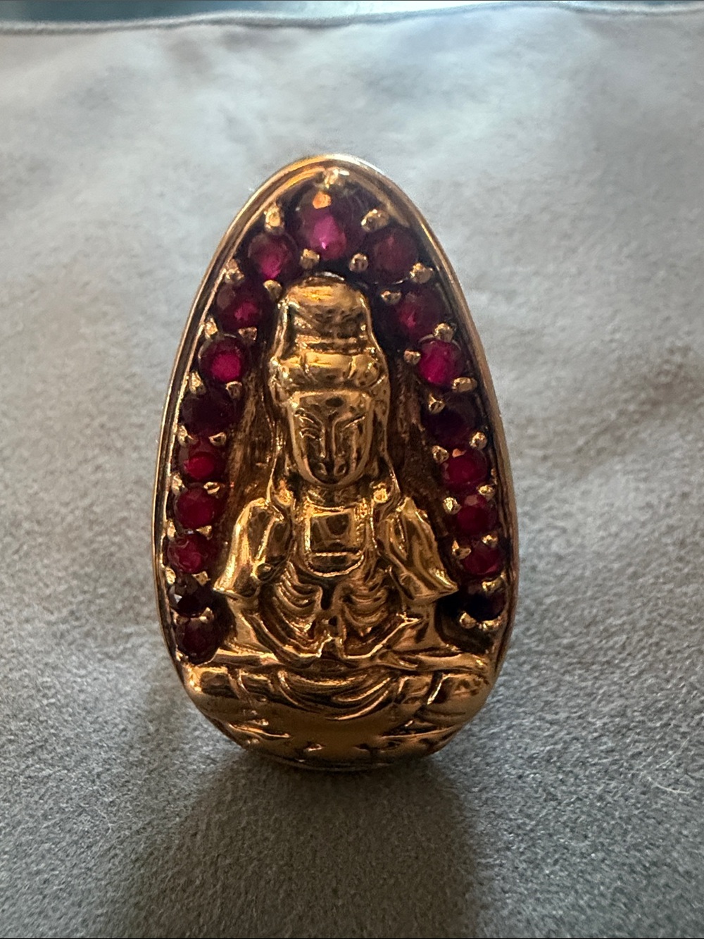 Gold-Tone Buddhist Guanyin Ring with Ruby-Red Accents